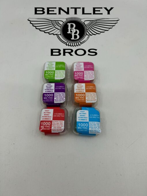 CUBE Gummies package featuring 4 fruit-flavored 250mg THC gummy cubes totalling 1000mg