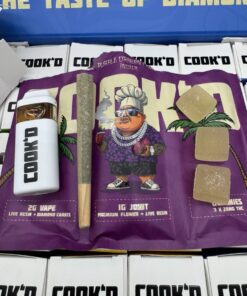 COOK'D 2G disposable vape, 1G pre-roll joint, and three THC gummies Juiced Edition cannabis bundle branded packaging.