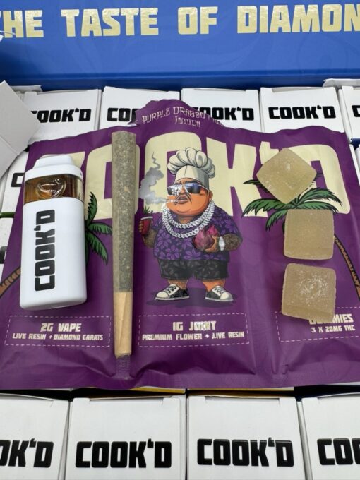 COOK'D 2G disposable vape, 1G pre-roll joint, and three THC gummies Juiced Edition cannabis bundle branded packaging.