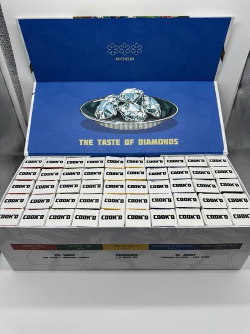 COOK'D 2G disposable vape, 1G pre-roll joint, and three THC gummies Juiced Edition cannabis bundle branded packaging.