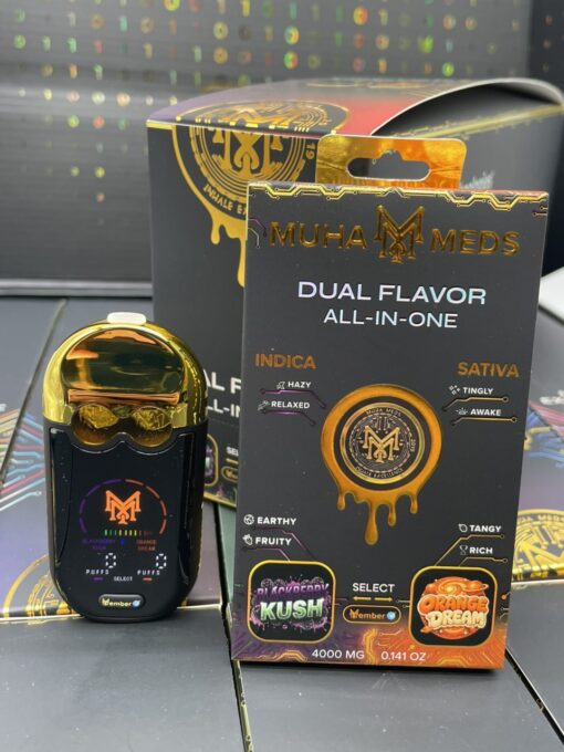 Muha Meds 4G Dual Flavor Disposable Vape Pen Packaging and Device